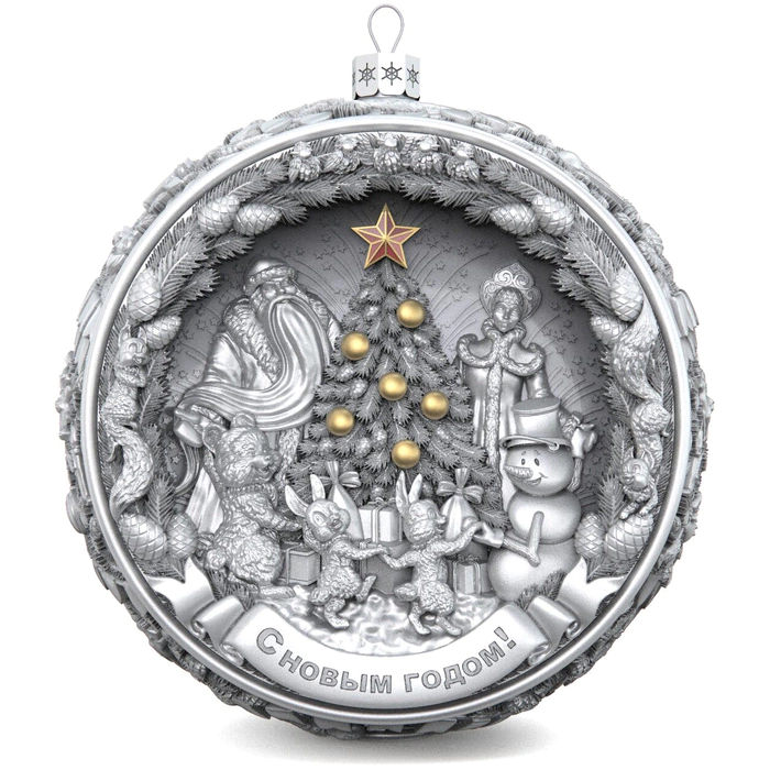 Set of 3 silver Christmas balls "Bells, Happy Childhood and a Winter fairy tale"